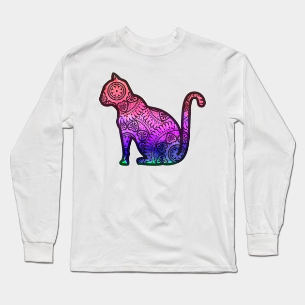 Colorful Mandala Tie-Dye Pattern In Cat Silhouette Long Sleeve T-Shirt by Nonconformist